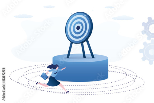 Businesswoman running around the target. Goal is on high pedestal. Business lady in search of right path to business or career development. Find path to success and goals.
