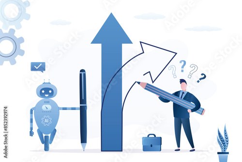 Businessman draw another arrow or way. Robots and humans choose different development paths. Decision to choose pathway, alternative or choice,