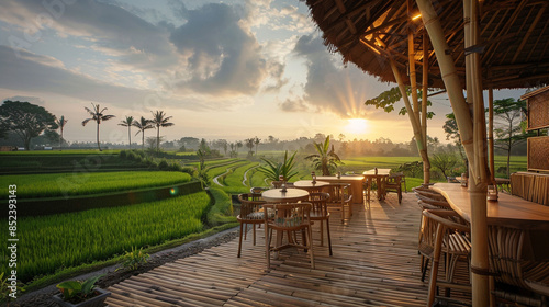 Bamboo cafes in the middle of rice fields.. photo
