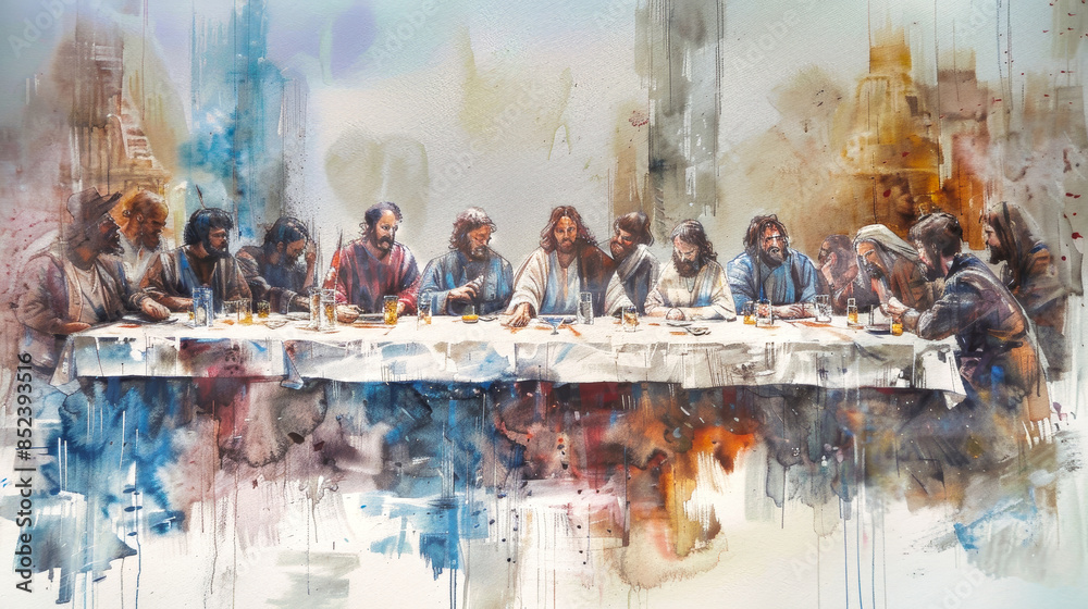 A modern take on the Last Supper, depicting Jesus and his disciples in ...