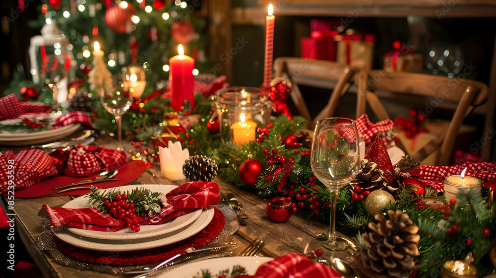 Christmas Table Setting with Candles, Ornaments, and Red Napkins - Realistic Image