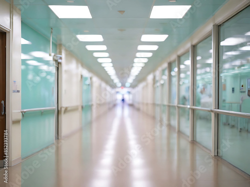 blurred , bokeh Well-lit empty hallway in a hospital