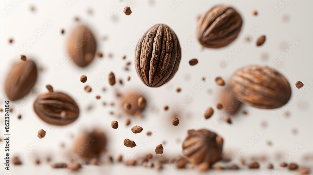 Fototapeta premium Whole Nutmeg Hovering in Mid-Air on White Background