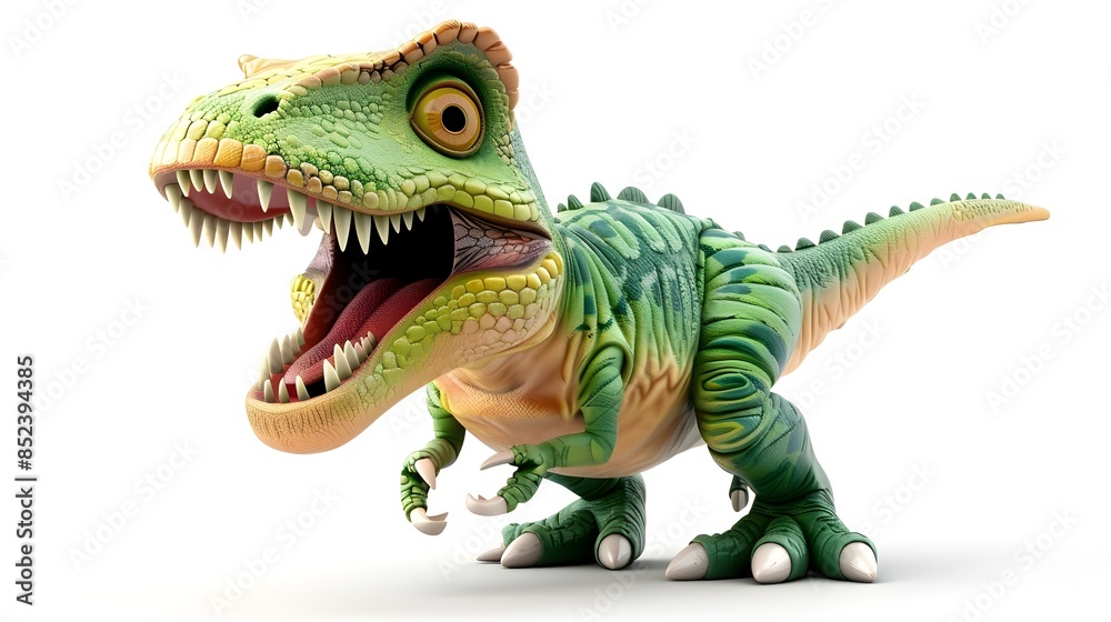 Playful 3D Cartoon Green Dinosaur Roaring on White Background Playful 3D Cartoon Green Dinosaur Roaring on White Background