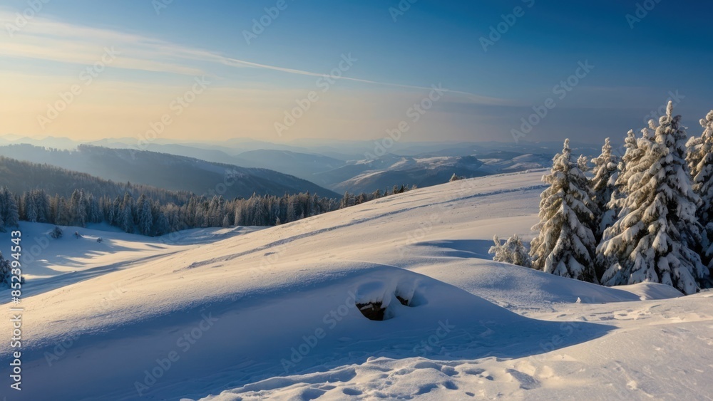 Obraz premium Snowcovered landscapes providing picturesque backdrop with snow laden trees and mountains