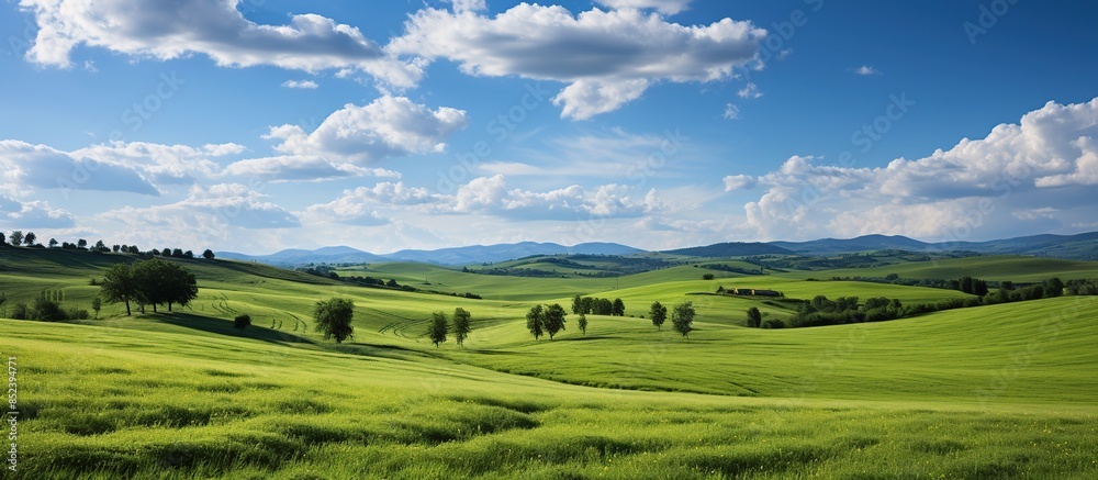 Beautiful landscape with green field and blue sky.