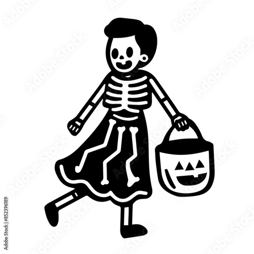 ハロウィンの仮装をした女性がカボチャのバケツを持って立っている可愛いシンプルな落書きベクターイラスト