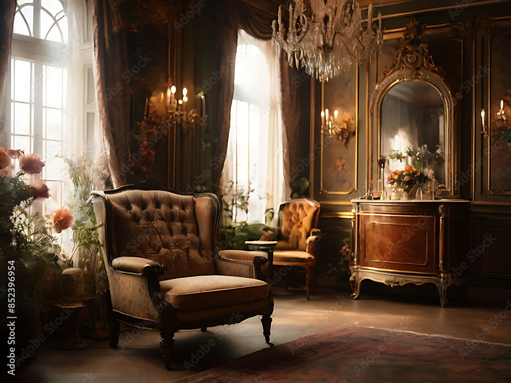 Obraz premium Sunlit living room in a luxury hotel features a fireplace and plush furniture