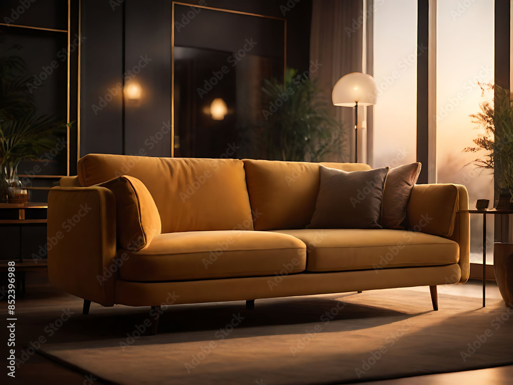 Fototapeta premium Light-filled modern living room with a comfy sofa and stylish furniture creates an inviting atmosphere