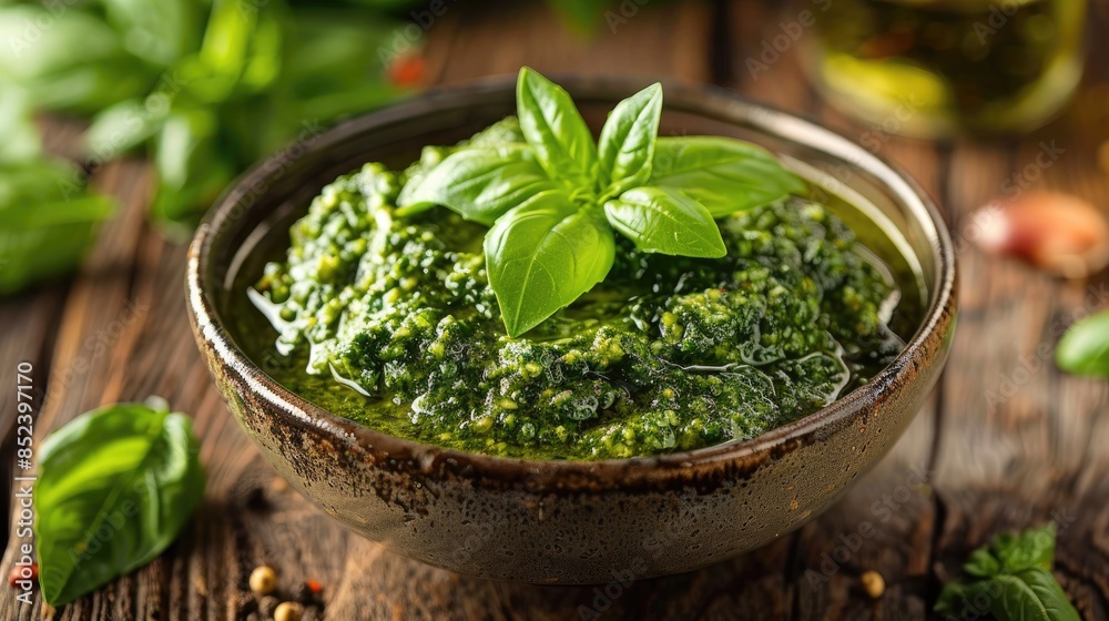Basil pesto sauce in a bowl on a wooden table Basil pesto sauce in a bowl on a wooden table