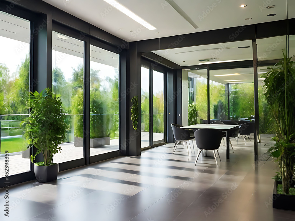 Fototapeta premium Spacious, light-filled modern office interior with floor-to-ceiling windows