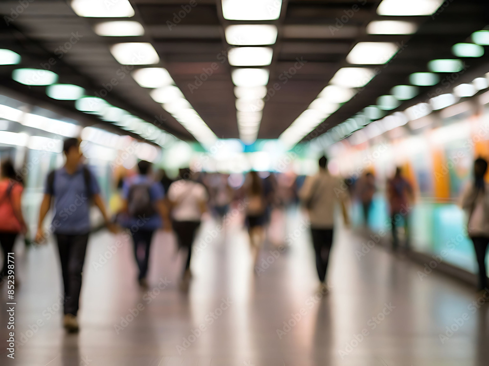 A blurred , bokeh busy urban scene with travelers hurrying through a brightly lit airport terminal, a subway station, and a crowded underground train A blurred , bokeh busy urban scene with travelers hurrying through a brightly lit airport terminal, a subway station, and a crowded underground train