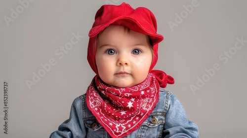 Realistic of Realistic of an adorable little cute kid girl wearing a red bandana with a white star in red, white, and blue with a star pattern 