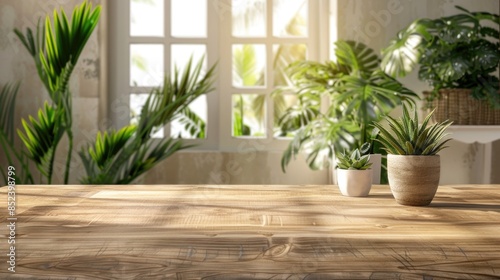 Wooden countertop mockup with summer background and cozy decor
