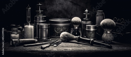 On a black dusty surface are old barber tools.