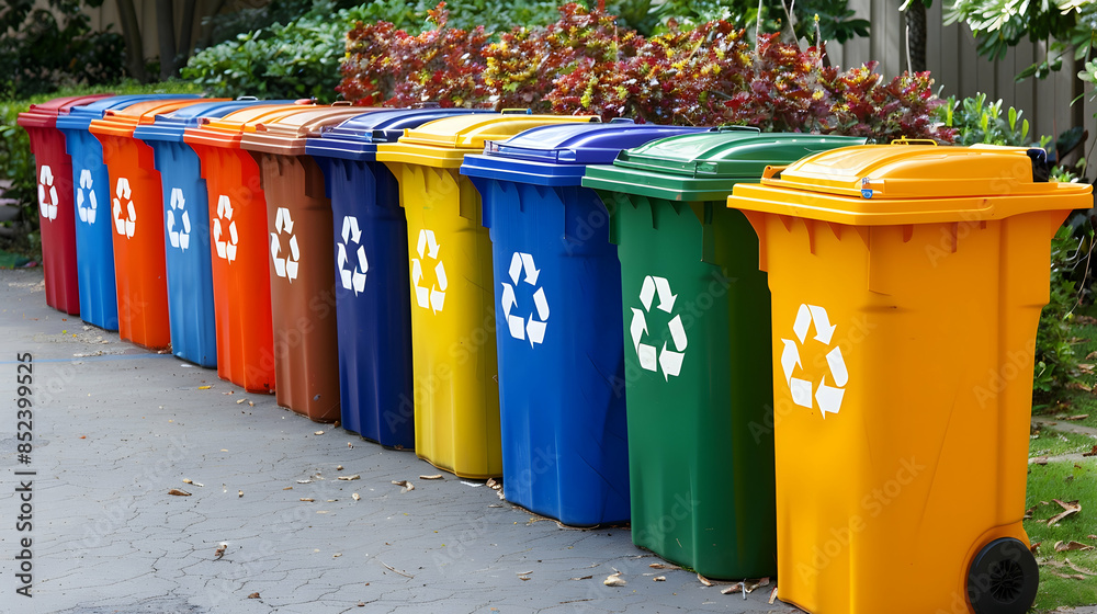 Colorful Recycling Bins in a Row - Photo Colorful Recycling Bins in a Row - Photo