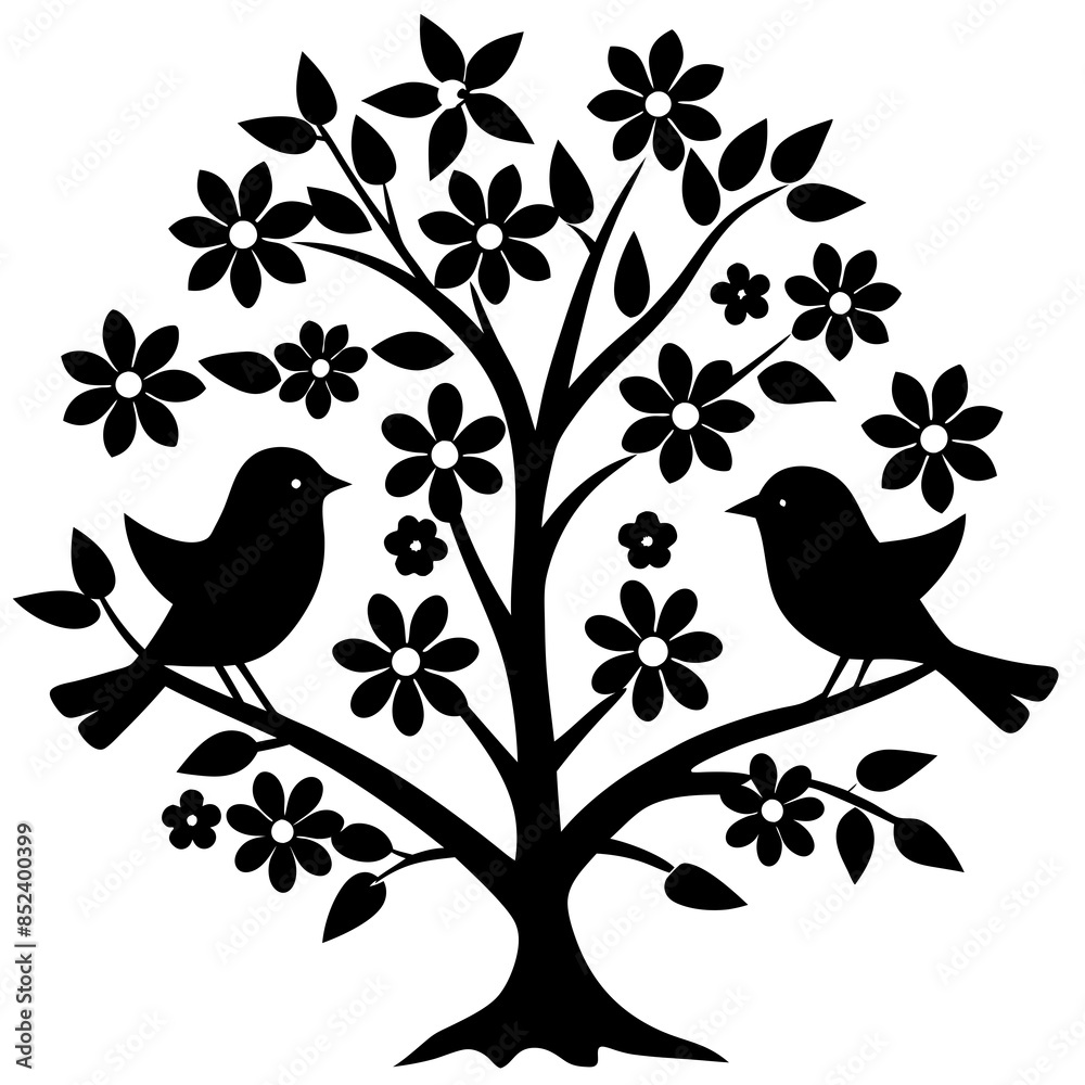 Fototapeta premium Tree with flowers vector art silhouette illustration.