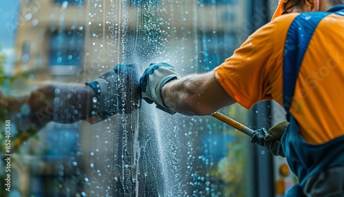 The close-up image shows a worker performing a window cleaning service with great care and focus photo