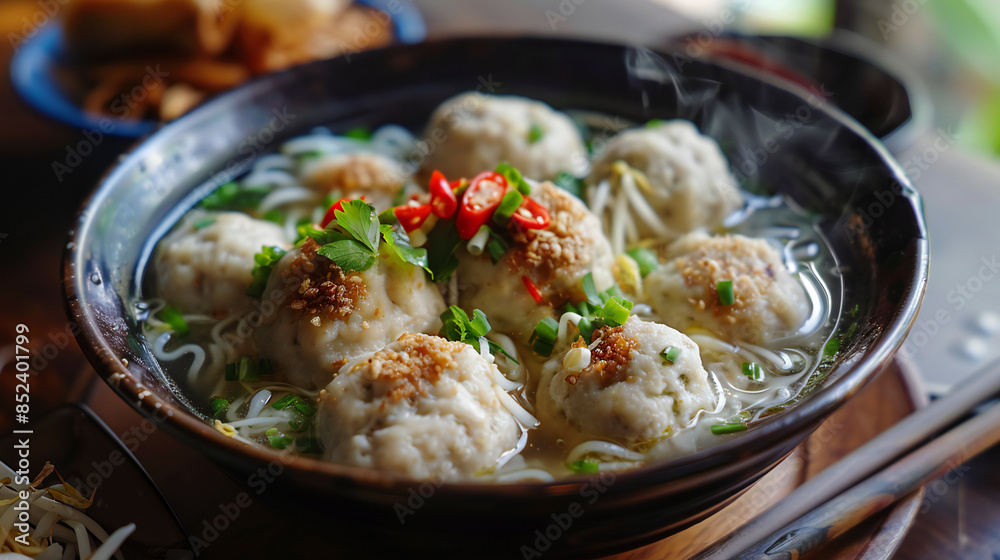 close up Bakso. Indonesian meatball served with soup, noodle and vegetable. Selective focus close up Bakso. Indonesian meatball served with soup, noodle and vegetable. Selective focus