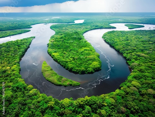 Medium shot of AAerial view of lush green forest with winding river, drone photography. photo