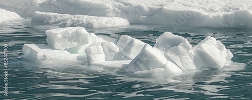 A group of white ice floes float in turquoise water, likely in Antarctica photo