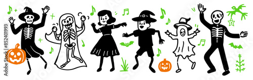 ハロウィンの仮装をした人たちが踊っている可愛いシンプルな落書きベクターイラスト