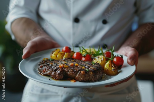 Professional chef holding a plate with a perfectly grilled steak accompanied by roasted vegetables. © Mamstock