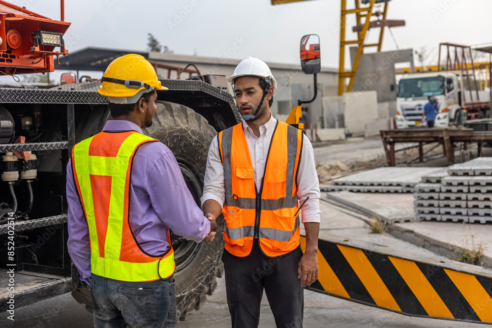 Two civil engineers from different cultures reach partnership agreement and have handshake in a construction factory Two civil engineers from different cultures reach partnership agreement and have handshake in a construction factory