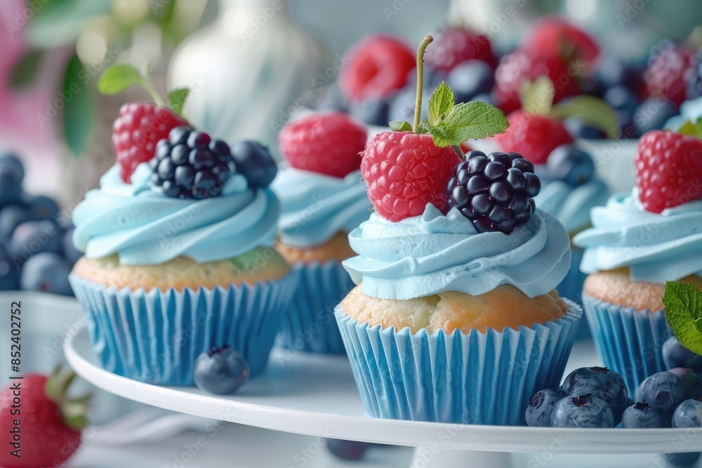 Elegant blue frosted cupcakes with fresh berries, perfect for celebrations and dessert tables. Elegant blue frosted cupcakes with fresh berries, perfect for celebrations and dessert tables.