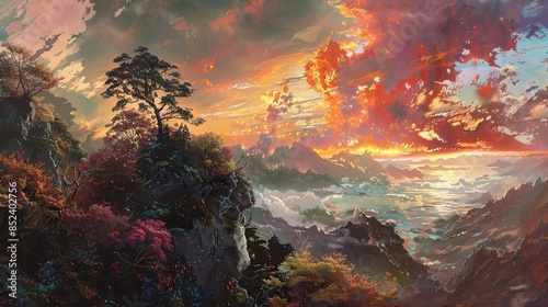 Fiery Sunset Over a Mountainous Landscape