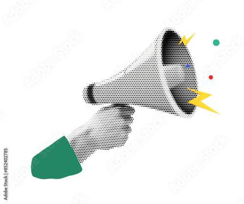 Halftone megaphone, loudspeaker in hand. Advertising speaker with lightning, collage in retro style.