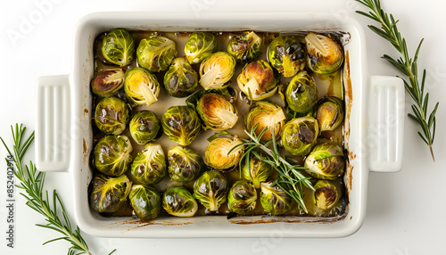 Delicious roasted Brussels sprouts and rosemary in baking dish isolated on white, top view