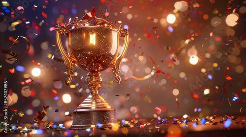 A highly photorealistic image of a golden trophy with laurel leaves on stage. The background is filled with confetti and stars, creating a festive atmosphere