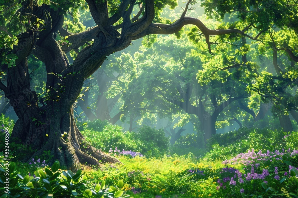 Fototapeta premium A beautiful fairytale enchanted forest with big trees and great vegetation. Digital painting background