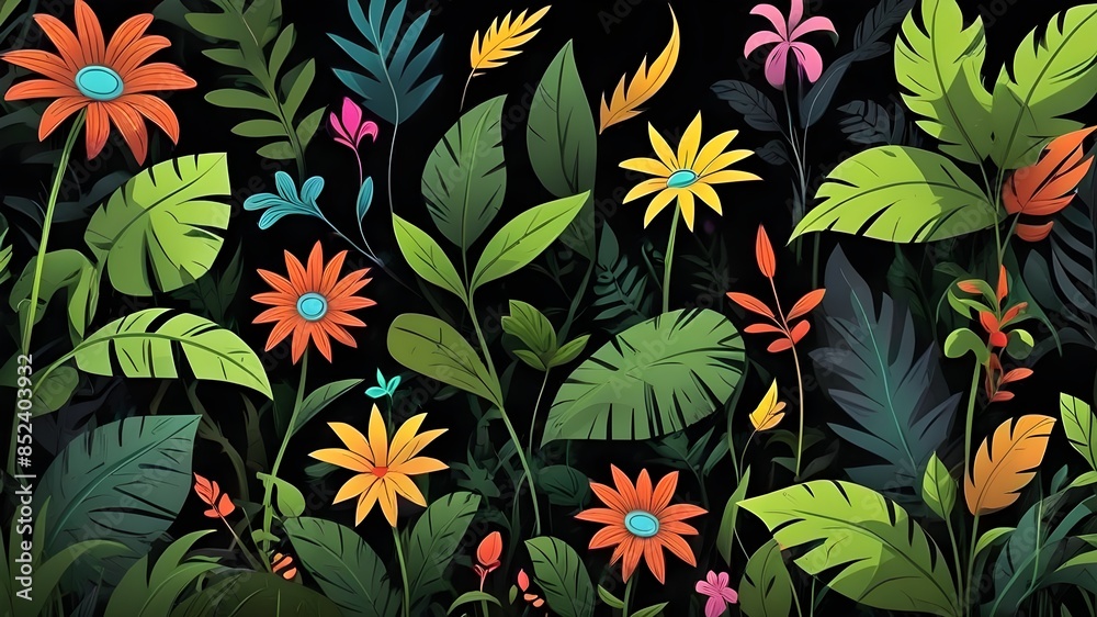 A colorful jungle scene with a variety of flowers and plants. The image is vibrant and full of life, with a sense of adventure and exploration A colorful jungle scene with a variety of flowers and plants. The image is vibrant and full of life, with a sense of adventure and exploration