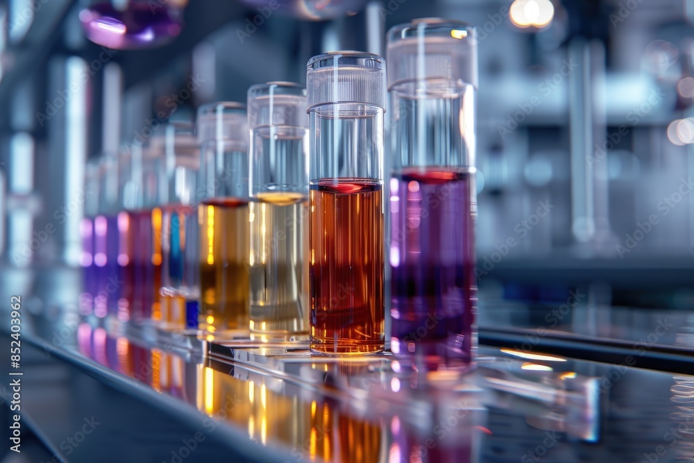 Transparent glass vials containing different colored solutions in a scientific research laboratory environment. Transparent glass vials containing different colored solutions in a scientific research laboratory environment.