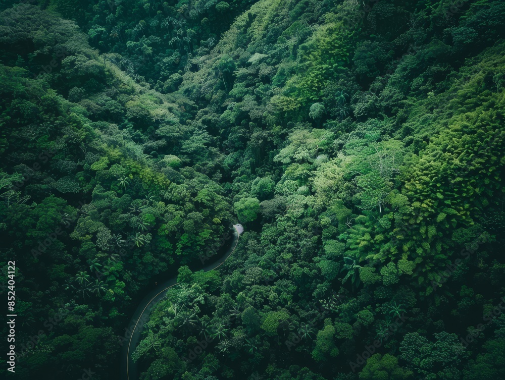 Medium shot of AAerial view of lush green forest with winding river, drone photography.