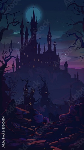A dark and foreboding scene of a haunted castle at midnight. ,Dark Color light ,vectorline design , illustration , Mobile Wallpaper