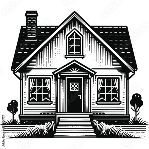 Wooden House silhouette with trees on background flat vector illustration, Minimal House on white background