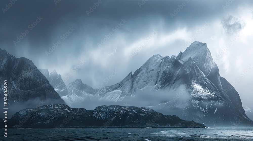 The serene landscapes of the Lofoten Islands in Norway, with dramatic mountain peaks The serene landscapes of the Lofoten Islands in Norway, with dramatic mountain peaks