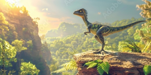 A dinosaur stands on a clifftop overlooking a lush forest at sunrise photo