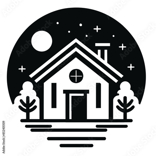 House silhouette with trees on background flat vector illustration, Minimal House on white background photo