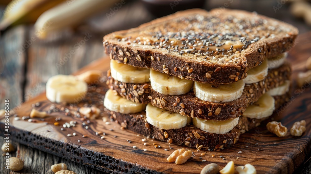 Crunchy Peanut Butter Banana and Chia Seed Sandwich on Wooden Board Crunchy Peanut Butter Banana and Chia Seed Sandwich on Wooden Board
