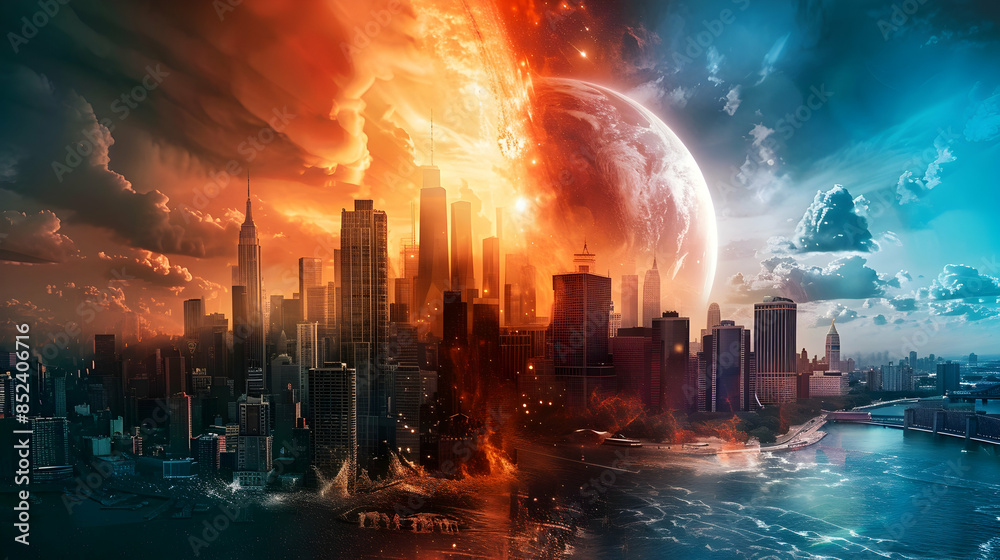 Cityscape with Half-Eaten Planet Illustration Cityscape with Half-Eaten Planet Illustration