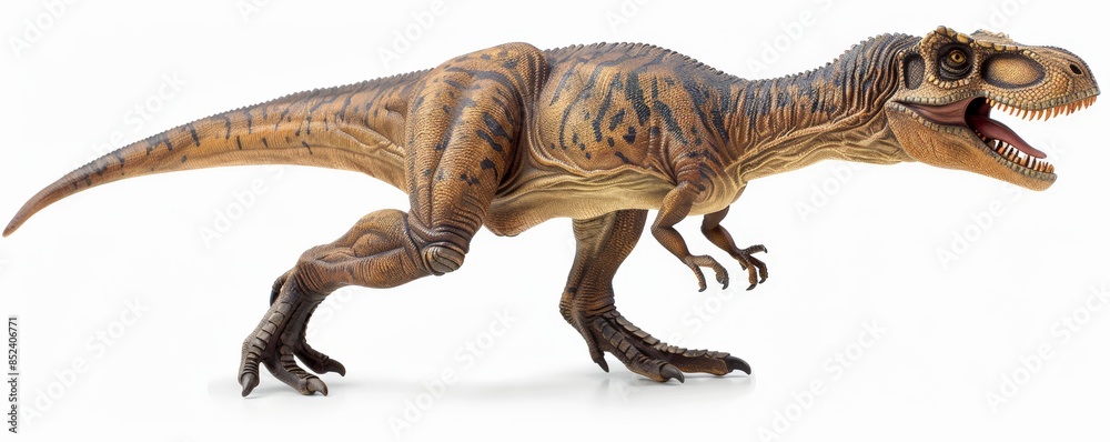 Fototapeta premium A close-up view of a realistic Tyrannosaurus Rex dinosaur toy. The dinosaur is brown and tan and has a textured skin. It is isolated on a white background