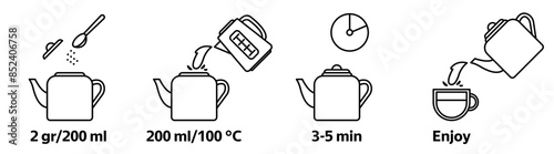 Tea brewing instruction. Tea making in a teapot. Guidelines how to make hot aromatic drink. Stock vector