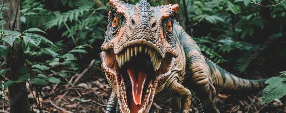 Fototapeta premium A close-up view of a dinosaur roaring with its mouth open wide, revealing sharp teeth. The dinosaur is surrounded by lush green foliage, creating a prehistoric scene