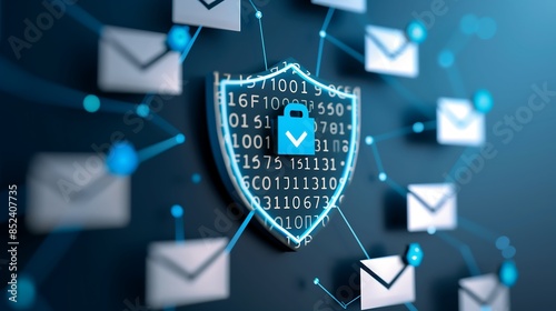 High-tech digital shield with binary code and warning symbols surrounded by email icons against a blue to black gradient background for cybersecurity photo