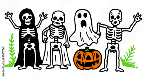 ハロウィンの仮装をした人たちが驚かすポーズをとっている可愛いシンプルな落書きベクターイラスト
