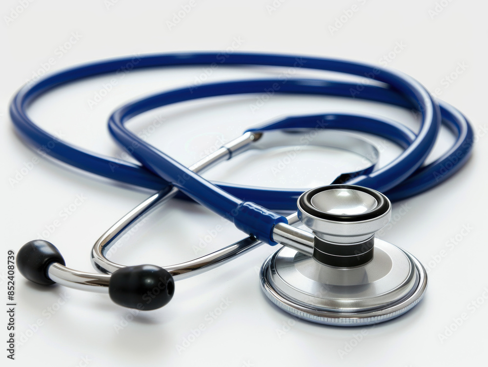 A blue stethoscope is laying on a white background A blue stethoscope is laying on a white background